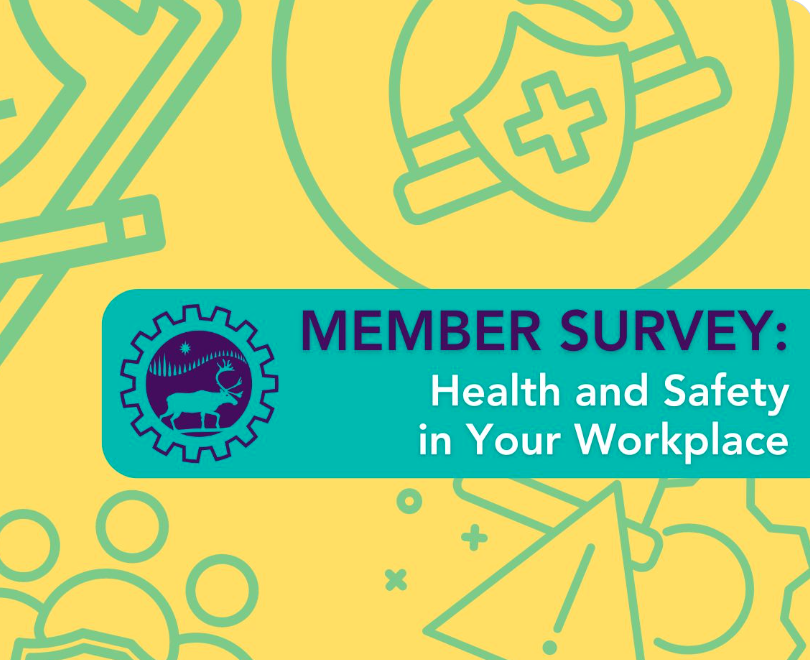 The text "Member Survey: Health and Safety in Your Workplace" against a background of yellow and green health and safety graphics.